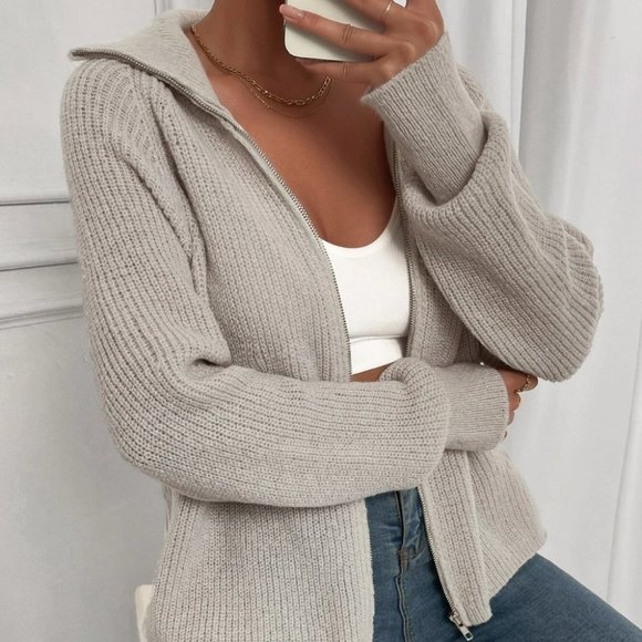 . Sweaters - ZIP UP KNIT CARDIGAN FALL WINTER STREETWEAR CASUAL MINIMALIST GRAY